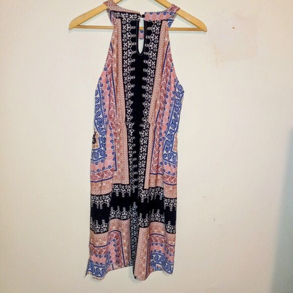 Monteau High Neck Faux Wrap Dress-Large-Bandana Print-Elastic Waist-Keyhole Back - Picture 4 of 7